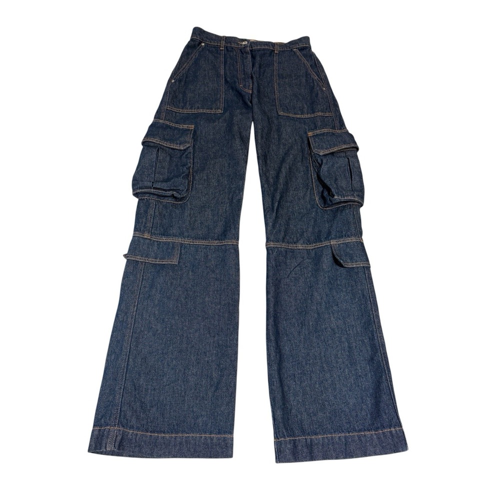 MSGM Women's Wide-leg Cargo Jean High Waist 2 Side Cargo Packet Blue Sz 42 Italy